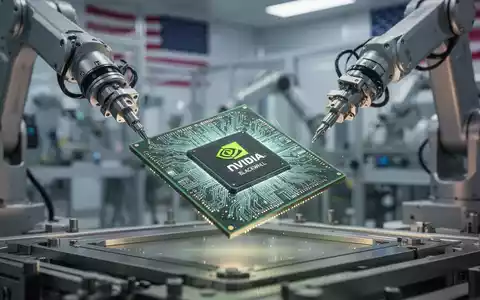 A close-up of an NVIDIA Blackwell AI chip being handled by robotic arms in a high-tech manufacturing facility, with industrial machinery in the background. - Foto: über boerse-global.de