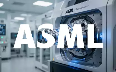 Eine hochmoderne ASML-Lithographiemaschine mit komplexen optischen Komponenten und blauem Licht in einer Reinraumumgebung. - Foto: über boerse-global.de