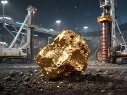 Nahaufnahme eines Goldnuggets mit unscharfem Hintergrund einer modernen Bergbauoperation und eines Bohrturms. - Foto: über boerse-global.de