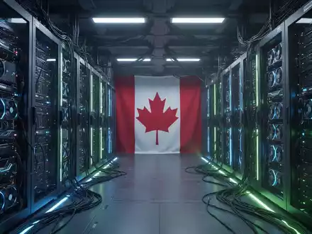 A futuristic server room with glowing blue and green lights, rows of high-performance GPU racks, and a subtle Canadian flag motif. - Foto: über boerse-global.de