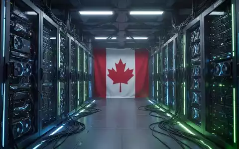 A futuristic server room with glowing blue and green lights, rows of high-performance GPU racks, and a subtle Canadian flag motif. - Foto: über boerse-global.de