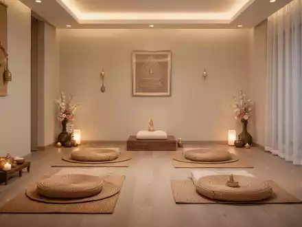 Ein ruhiger, minimalistischer Innenraum eines Thai-Massage-Studios mit sanfter Beleuchtung und traditionellen Elementen. - Foto: über boerse-global.de