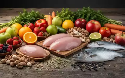 Eine vielfältige Auswahl an frischen, bunten Früchten, Gemüse, Nüssen, Samen und mageren Proteinquellen auf einem Holztisch. - Foto: über boerse-global.de