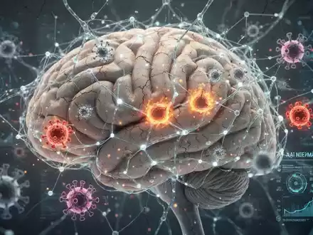 Ein stilisiertes Bild eines Gehirns mit leuchtenden Neuronen, überlagert von abstrakten Darstellungen entzündeter Zellen und Datenpunkten. - Foto: über boerse-global.de
