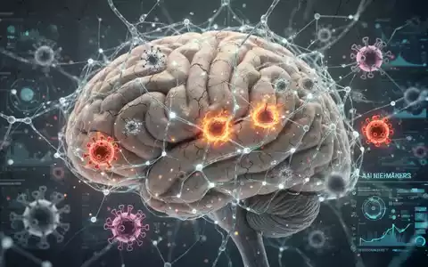Ein stilisiertes Bild eines Gehirns mit leuchtenden Neuronen, überlagert von abstrakten Darstellungen entzündeter Zellen und Datenpunkten. - Foto: über boerse-global.de