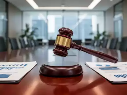 Ein schwerer Holzhammer schlägt auf einen Klangblock auf einem Konferenztisch, umgeben von Geschäftsdokumenten. - Foto: über boerse-global.de