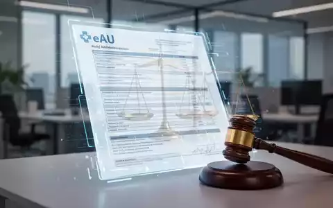 Eine digitale Darstellung einer Krankmeldung mit stilisierten Rechts-Symbolen, die die Schnittstelle von Digitalisierung und Recht im Arbeitsrecht darstellt. - Foto: über boerse-global.de