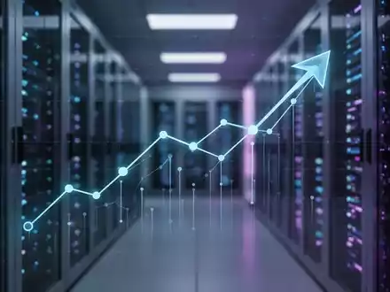 Ein stilisierter, nach unten zeigender Pfeilgraf, der aus Datenpunkten und Linien besteht, vor einem verschwommenen Serverraum mit blauen und violetten Lichtern. - Foto: über boerse-global.de