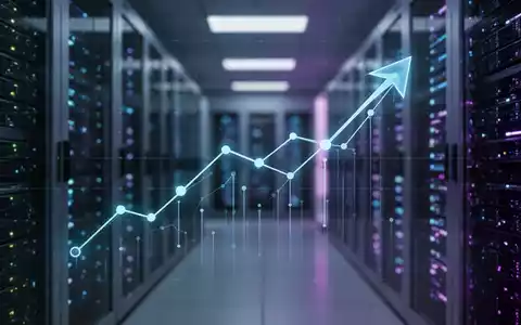 Ein stilisierter, nach unten zeigender Pfeilgraf, der aus Datenpunkten und Linien besteht, vor einem verschwommenen Serverraum mit blauen und violetten Lichtern. - Foto: über boerse-global.de