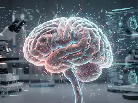 A holographic brain model with glowing neural pathways, displaying medical data and AI diagnostics, against a blurred lab background. - Foto: über boerse-global.de