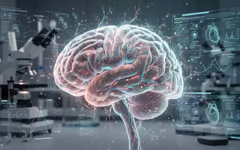 A holographic brain model with glowing neural pathways, displaying medical data and AI diagnostics, against a blurred lab background. - Foto: über boerse-global.de