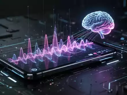 A smartphone screen showing a colorful sound wave graphic, connected by glowing lines to a stylized brain icon, representing AI music creation. - Foto: über boerse-global.de