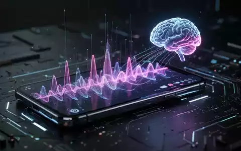 A smartphone screen showing a colorful sound wave graphic, connected by glowing lines to a stylized brain icon, representing AI music creation. - Foto: über boerse-global.de