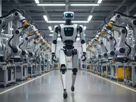 A humanoid robot, resembling Boston Dynamics' Atlas, walks through a high-tech factory floor with robotic arms in the background. - Foto: über boerse-global.de