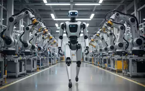 A humanoid robot, resembling Boston Dynamics' Atlas, walks through a high-tech factory floor with robotic arms in the background. - Foto: über boerse-global.de