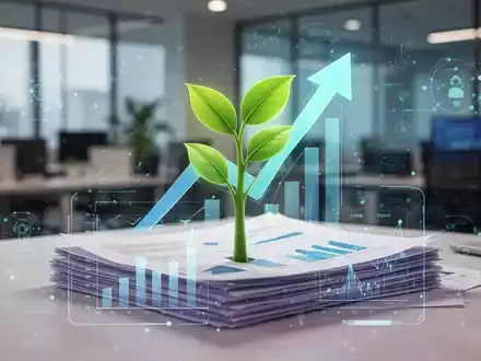 Eine stilisierte Grafik, die Wachstum darstellt, mit einem aufsteigenden Pfeil oder einer blühenden Pflanze, die aus digitalen Dokumenten entspringt. - Foto: über boerse-global.de