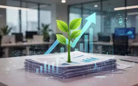 Eine stilisierte Grafik, die Wachstum darstellt, mit einem aufsteigenden Pfeil oder einer blühenden Pflanze, die aus digitalen Dokumenten entspringt. - Foto: über boerse-global.de