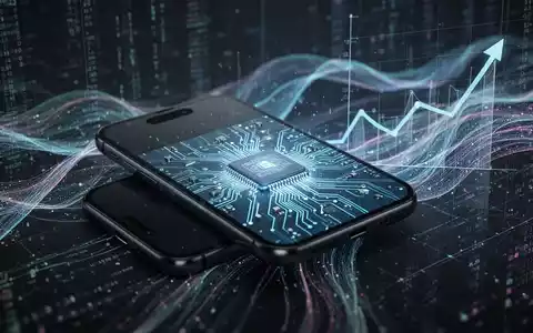 Ein stilisiertes iPhone mit leuchtenden Mikrochipschaltkreisen vor einem Hintergrund aus abstrakten KI-Datenströmen und einem aufsteigenden Trenddiagramm. - Foto: über boerse-global.de