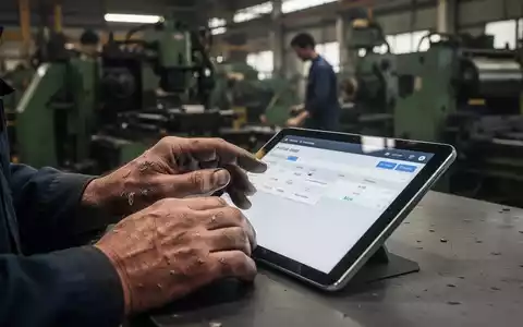 Hände eines Arbeiters, der auf einem Tablet mit Zeiterfassung in einer Fabrikumgebung navigiert, im Kontext von Arbeitszeitdebatten. - Foto: über boerse-global.de