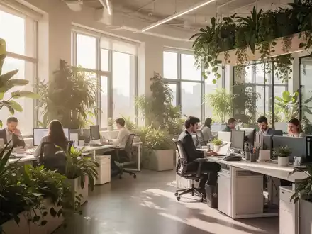 Ein modernes, helles Büro mit vielen grünen Pflanzen und natürlichem Licht, das durch die Fenster strömt. - Foto: über boerse-global.de