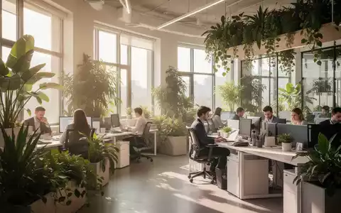 Ein modernes, helles Büro mit vielen grünen Pflanzen und natürlichem Licht, das durch die Fenster strömt. - Foto: über boerse-global.de