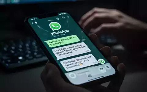 Nahaufnahme eines Smartphones mit einer betrügerischen WhatsApp-Nachricht und unscharfen Händen, die auf einer Tastatur tippen. - Foto: über boerse-global.de