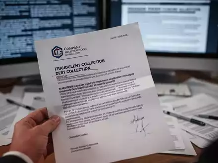 A hand holds a fraudulent debt collection letter with a fake logo and urgent demands, over a blurred desk with documents. - Foto: über boerse-global.de