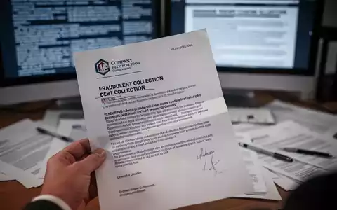 A hand holds a fraudulent debt collection letter with a fake logo and urgent demands, over a blurred desk with documents. - Foto: über boerse-global.de