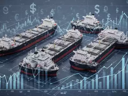 Blaupause von sechs modernen Schiffen mit Finanzdiagrammen und Währungssymbolen im Hintergrund, die Investitionen und Neubau darstellen. - Foto: über boerse-global.de