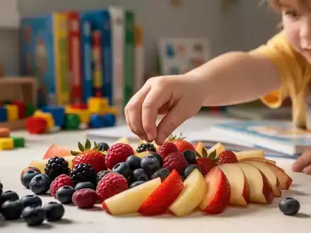 Ein Kinderhand greift nach bunten Früchten auf einem Tisch mit verschwommenen Bildungsspielzeugen im Hintergrund. - Foto: über boerse-global.de