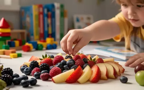 Ein Kinderhand greift nach bunten Früchten auf einem Tisch mit verschwommenen Bildungsspielzeugen im Hintergrund. - Foto: über boerse-global.de
