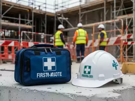 Ein Erste-Hilfe-Kasten und ein Schutzhelm auf einer Baustelle mit Baugerüsten und Arbeitern im Hintergrund. - Foto: über boerse-global.de
