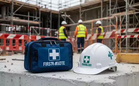 Ein Erste-Hilfe-Kasten und ein Schutzhelm auf einer Baustelle mit Baugerüsten und Arbeitern im Hintergrund. - Foto: über boerse-global.de