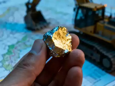 Nahaufnahme einer Hand, die ein Mineralmuster hält, mit Bergbauausrüstung oder einer Karte im Hintergrund. Finanzierungskonzept. - Foto: über boerse-global.de