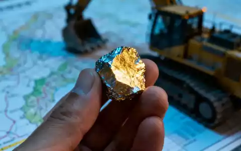 Nahaufnahme einer Hand, die ein Mineralmuster hält, mit Bergbauausrüstung oder einer Karte im Hintergrund. Finanzierungskonzept. - Foto: über boerse-global.de
