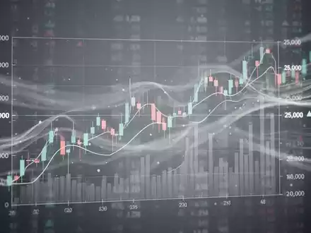 Digitaler Börsenchart mit neutraler Bewegung um 25.000 Punkte, im Hintergrund fließende abstrakte Daten. - Foto: über boerse-global.de