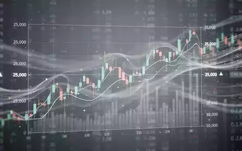 Digitaler Börsenchart mit neutraler Bewegung um 25.000 Punkte, im Hintergrund fließende abstrakte Daten. - Foto: über boerse-global.de