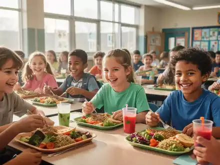 Kinder und Jugendliche essen gesunde Mahlzeiten in einer hellen Schulcafeteria, die Vielfalt und Zugang symbolisiert. - Foto: über boerse-global.de
