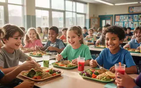 Kinder und Jugendliche essen gesunde Mahlzeiten in einer hellen Schulcafeteria, die Vielfalt und Zugang symbolisiert. - Foto: über boerse-global.de
