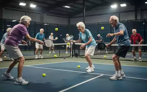 Ältere Menschen spielen lebhaft Pickleball auf einem Innenplatz, was körperliche und geistige Aktivität im Alter symbolisiert. - Foto: über boerse-global.de