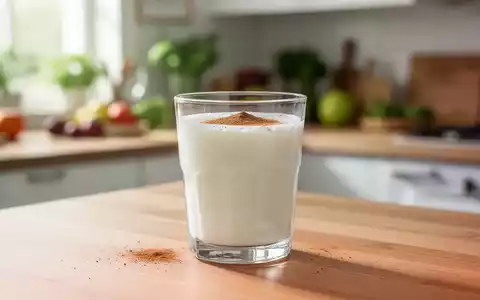 Ein Glas Buttermilch mit Zimt auf einer Holzoberfläche in einer hellen Küche, das gesunde Ernährung symbolisiert. - Foto: über boerse-global.de