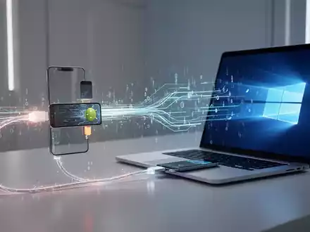 A glowing data transfer cable connects an Android smartphone to a Windows laptop, with abstract digital lines symbolizing data flow. - Foto: über boerse-global.de