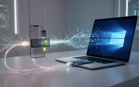 A glowing data transfer cable connects an Android smartphone to a Windows laptop, with abstract digital lines symbolizing data flow. - Foto: über boerse-global.de
