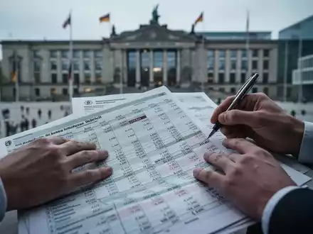 Hände blättern in einem Finanzbuch mit roten Zahlen, im Hintergrund verschwommen ein deutsches Rathaus, symbolisiert kommunale Finanzprobleme. - Foto: über boerse-global.de
