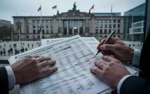 Hände blättern in einem Finanzbuch mit roten Zahlen, im Hintergrund verschwommen ein deutsches Rathaus, symbolisiert kommunale Finanzprobleme. - Foto: über boerse-global.de