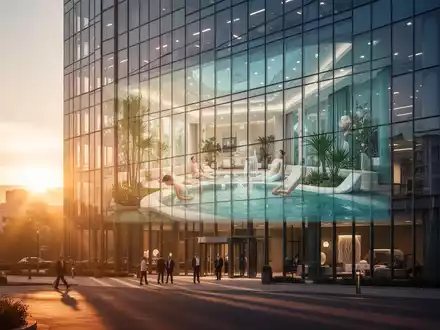 Ein modernes Bürogebäude mit der verschwommenen Reflexion eines Kurbetriebs in der Glasfassade, bei Sonnenuntergang. - Foto: über boerse-global.de