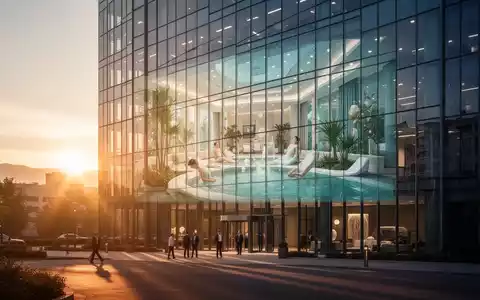 Ein modernes Bürogebäude mit der verschwommenen Reflexion eines Kurbetriebs in der Glasfassade, bei Sonnenuntergang. - Foto: über boerse-global.de