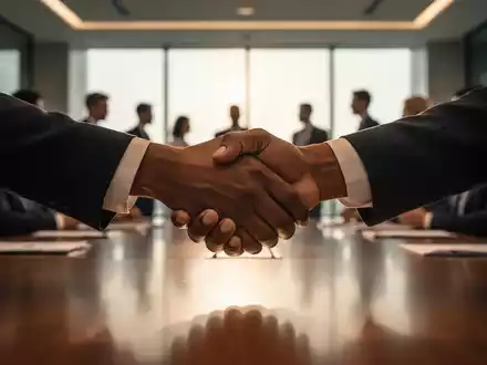 Zwei Hände schütteln sich über einem Konferenztisch, im unscharfen Hintergrund sind Silhouetten von Menschen zu sehen. - Foto: über boerse-global.de