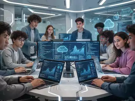 Eine Gruppe junger Erwachsener lernt in einem modernen Klassenzimmer, mit Laptops und digitalen Anzeigen zu KI und Cloud-Sicherheit. - Foto: über boerse-global.de