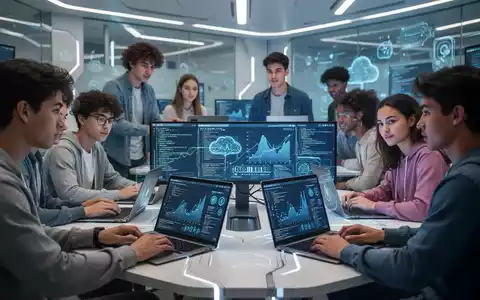 Eine Gruppe junger Erwachsener lernt in einem modernen Klassenzimmer, mit Laptops und digitalen Anzeigen zu KI und Cloud-Sicherheit. - Foto: über boerse-global.de